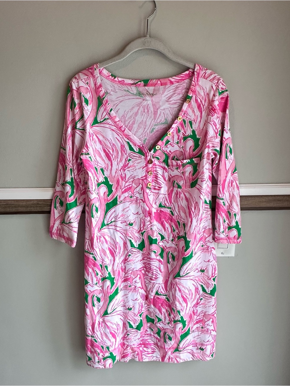 Lilly Pulitzer Pink Flamingo Henley Dress Palmetto Pima Cotton